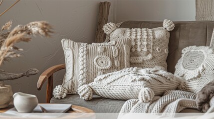 Cozy Knitted Cushions and Throw on Elegant Sofa in Stylish Interior