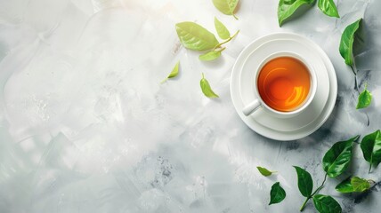 Top view of cup tea with fresh green leaves on textured background