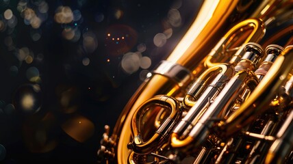 Fototapeta premium Close-up of shiny brass instrument with valves in warm lighting