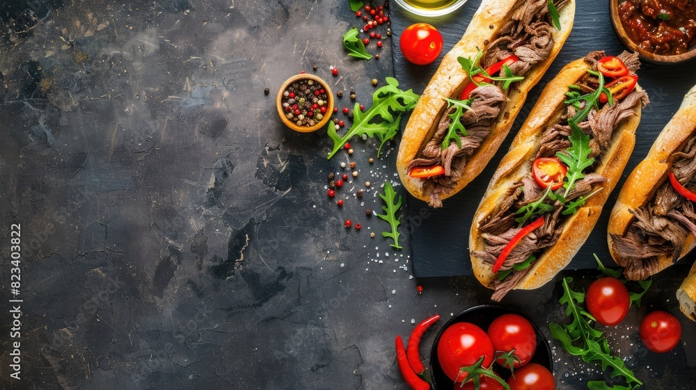 Wall mural Three sandwiches with beef and vegetables on dark surface scattered spices tomato slices