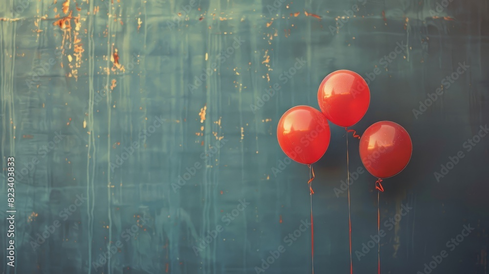 Poster three red balloons against textured blue backdrop with light scratches and rust marks