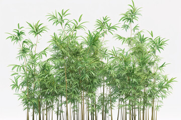 Obraz premium Thick bamboo forest with numerous green stems and lush foliage against a white background