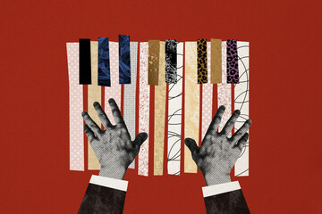 Composite photo collage of male hands piano player keyboard musician artist concert hobby entertainment isolated on painted background © deagreez