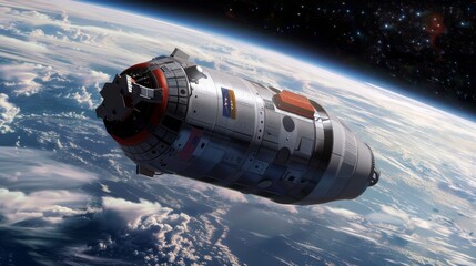 Fototapeta premium An artists rendering of a cutting-edge space station soaring above Earths atmosphere.
