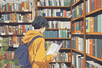 An LGBTQ+ worker providing customer service in a small bookstore, helping a customer find a book on a packed shelf, with rows of books and cozy reading nooks in view