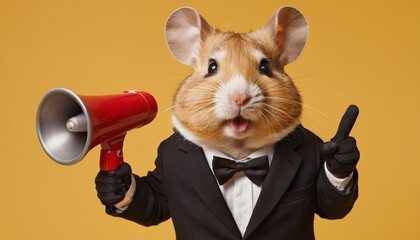 Fototapeta premium hamster in a suit holding a red megaphone, cute animal in a dress making an announcement, yellow background