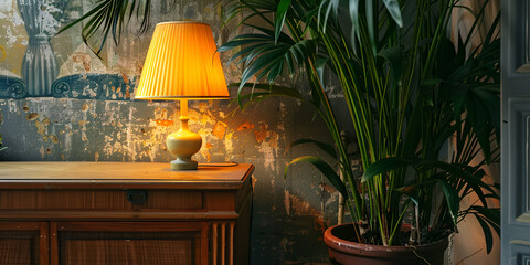 A vintage-style lamp with a yellow shade is on a wooden table