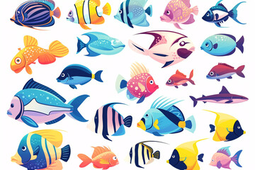 Naklejka premium Illustration of twenty different colorful tropical fish on a white background