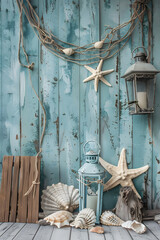 Rustic nautical themed decor on weathered wooden backdrop