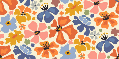 Vector summer seamless pattern with natural elements, flowers, leaves in modern trendy style.