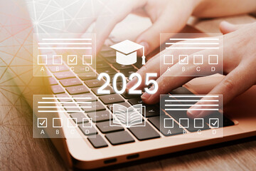  2025 E-learning, education, online exam concept.Choose correct answer. Education internet online...