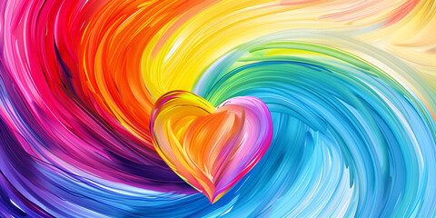 abstract painting of a heart shape created with colorful brush strokes background is a gradient of yellow and orange