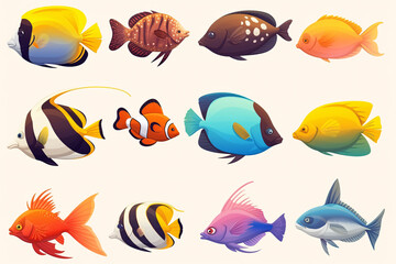 Twelve vibrant tropical fish illustrations with distinct patterns and colors