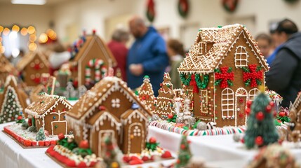 Fototapeta premium A festive gingerbread house competition, with intricately designed gingerbread houses on display, surrounded by holiday decorations and cheerful onlookers