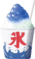 Watercolor painting of Japanese shaved ice topped with blue syrup.