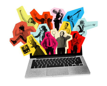 Contemporary art collage. Business people in vibrant blocks emerging from laptop. Dynamic online teamwork. Concept of business development and collaboration, teambuilding. Ad