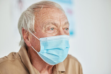 Old man, face mask and sick protection in epidemic or healthcare consultation in clinic, compliance...