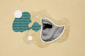 Composite photo collage of half human head face parts open mouth scream text abstract speech...