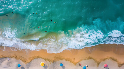 Fototapeta na wymiar Aerial view of beach with swimmers and colorful umbrellas
