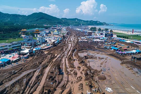 Aerial view of the Boryeong Mud Festival, showcasing the sprawling festival grounds with various mud activities, stages, and the scenic coastline in the background