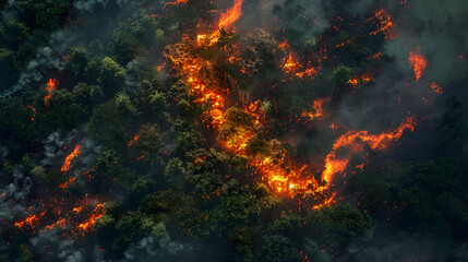 Aerial view of forest wildfire at night