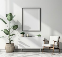 A mockup of an empty blank poster frame on the wall above modern sideboard in light grey and white interior