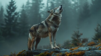 Roaming mistshrouded forests of the Pacific Northwest a solitary wolf howls beneath the light of the full moon its mournful cry echoing through the ancient trees