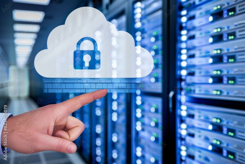 Poster illustration of a secure cloud network with various digital icons, emphasizing data protection and m