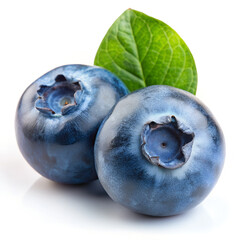 Obraz premium Two Blueberries With a Green Leaf