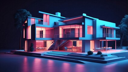 A rendering of a modern house with blue and pink neon lights at night.

