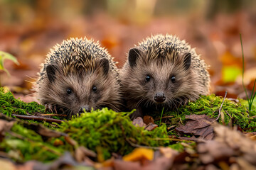 Two hedgehogs in natural woodland habitat, facing forward with green moss and Autumn leaves....