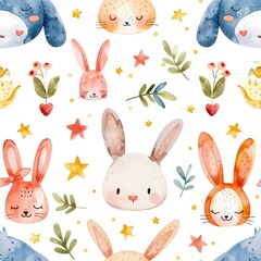 Delightful Watercolor Pattern of Colorful Bunnies and Spring Flowers