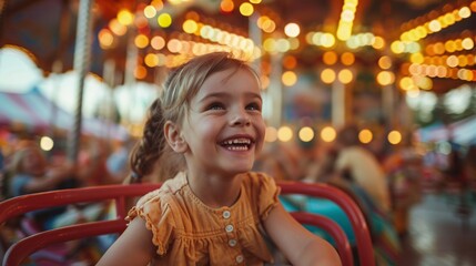 Obraz premium A family enjoying the Calgary Stampede Festival, with children laughing on a merry-go-round and parents capturing the moment with their phones