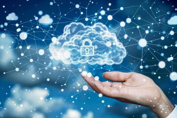 Hand holding a secure digital cloud with interconnected nodes, highlighting cloud security and network protection in a bright, blue themed setting.