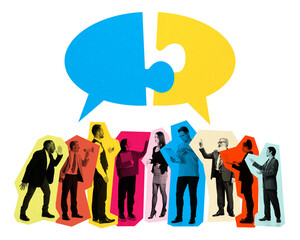 Contemporary art collage. Workers in vibrant color blocks interacting beneath speech bubbles with...