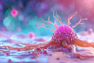 A simplified 3D model in flat design, illustrating a drug targeting a cancer cell, with the drug's path and effects clearly depicted in a cartoon drawing, front view