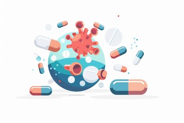 Art a simplified 3D model in flat design, illustrating a drug targeting a cancer cell, with the drug's path and effects clearly depicted in a cartoon drawing, front view