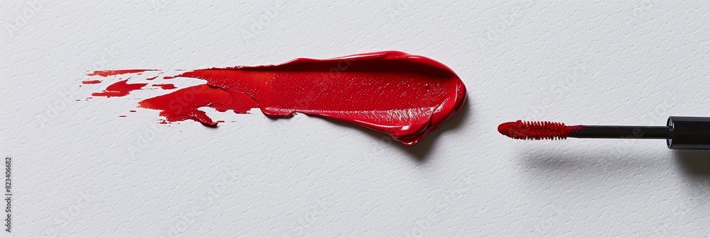 Poster close up of a vibrant red lipstick creating a swatch on a pristine white surface, leaving a smear of