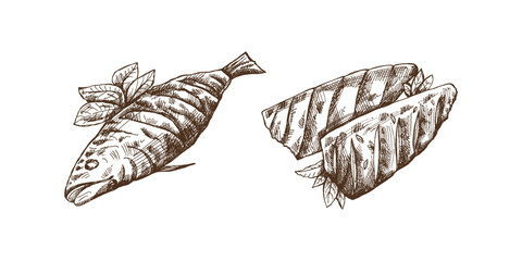 Hand-drawn monochrome vector sketch of barbecue fish. Doodle vintage illustration. Decorations for the menu of cafes and labels. Engraved image.