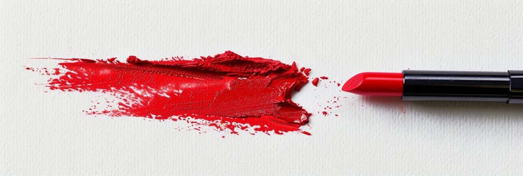 Close-up of red lipstick drawing a swatch line on a white surface, leaving a smear of classic red matte lipstick. Generative AI