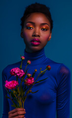 an attractive black woman with pink lipstick and short hair, posing in front of blue backdrop holding flowers