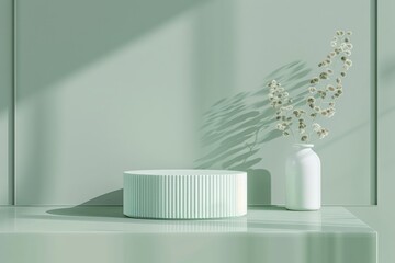 A sleek green podium on a shelf beside a green wall, showcasing a minimalist design with white and cyan colors, intricate textures, and rounded stripes and shapes, front view