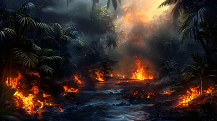 Volcanic eruption in tropical forest at dusk
