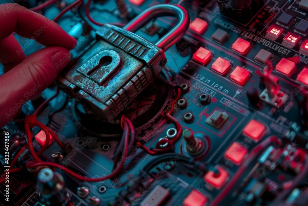 Poster high tech illustration of a secure digital padlock on a circuit board, symbolizing advanced cybersec