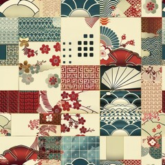 Traditional Japanese Patterns Collage Illustration