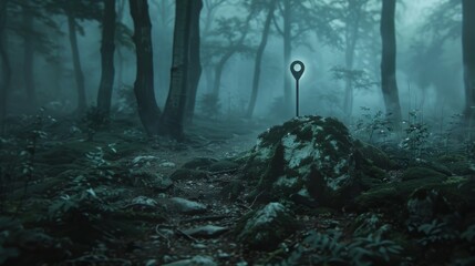 Mysterious forest path with a glowing location marker - Powered by Adobe