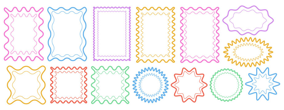 Retro frame with wavy border. Psychedelic rectangle groovy shapes. Circle figures outline. Design elements