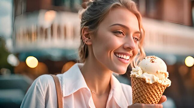 Junge Frau h&auml;lt ein leckeres Eis in der Hand. Sommerstimmung kommt auf