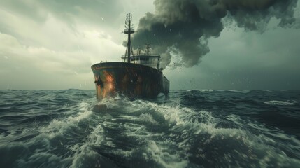 Fototapeta premium A ship in the ocean releasing smoke into the air.