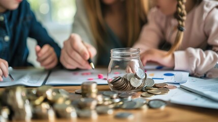 Family teaching children about finances and saving money.